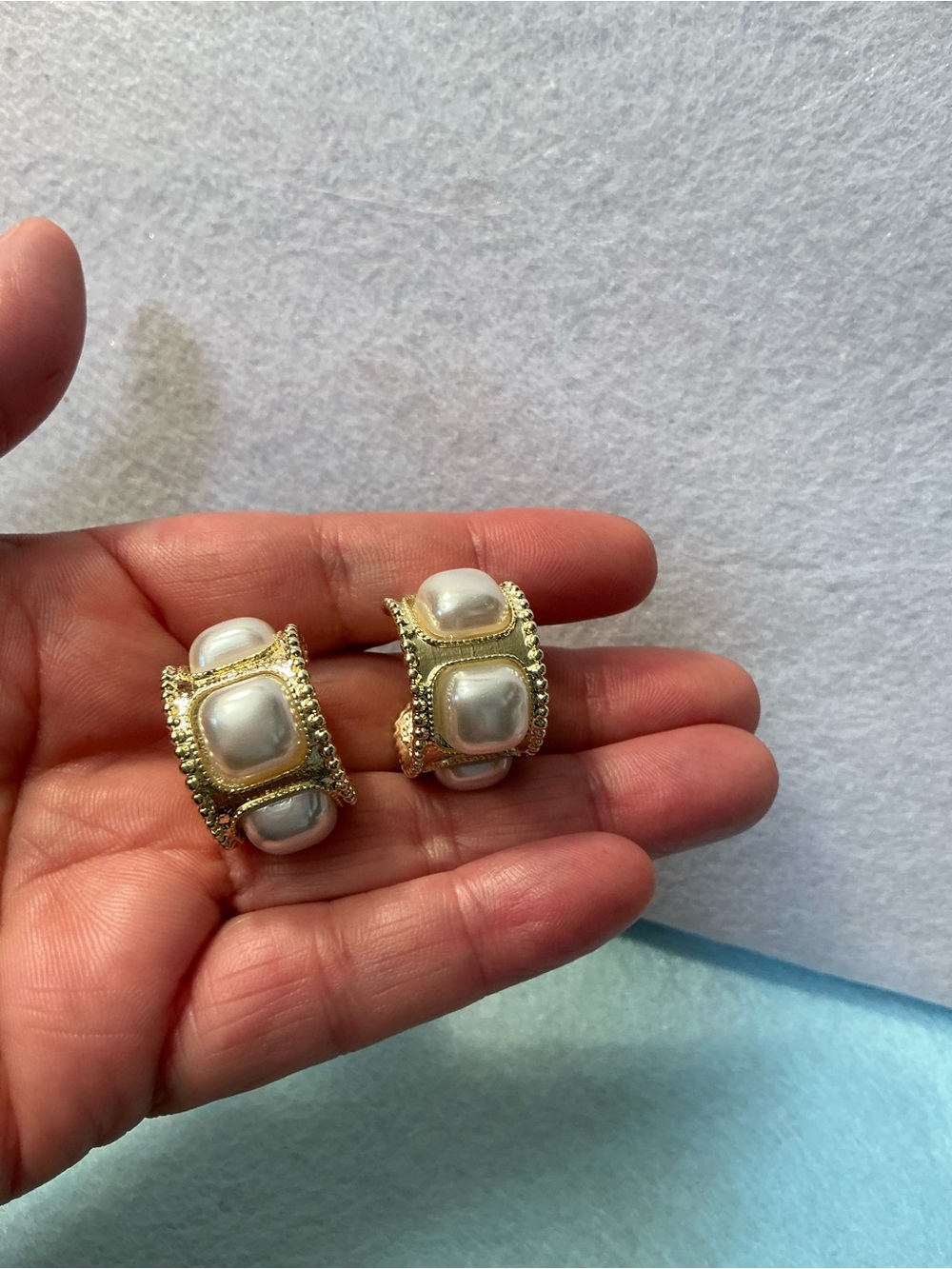 2395 - 111 Baroque Gold & Cushion-Cut Faux Pearl Wide C-Hoop Earrings - Picture 2 of 8